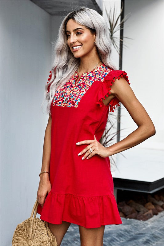 RED Boho Print Pompom Sleeve Shift Dress