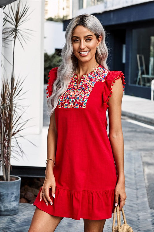 RED Boho Print Pompom Sleeve Shift Dress